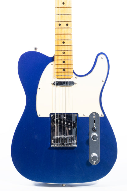 body front of a Fender American Ultra Telecaster in Cobra Blue with white binding, maple neck and fretboard