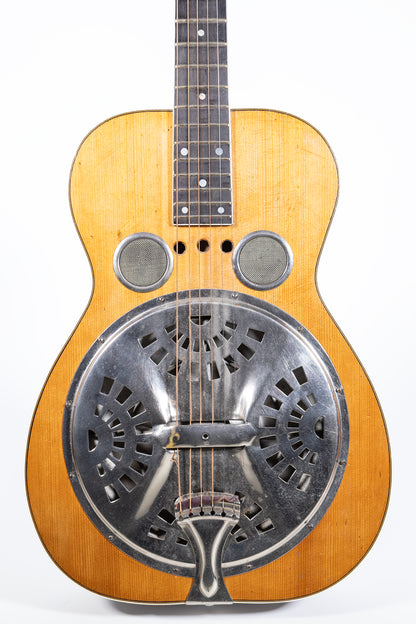 closeup of a Vintage 1937 Dobro Model 45 blues guitar lap steel