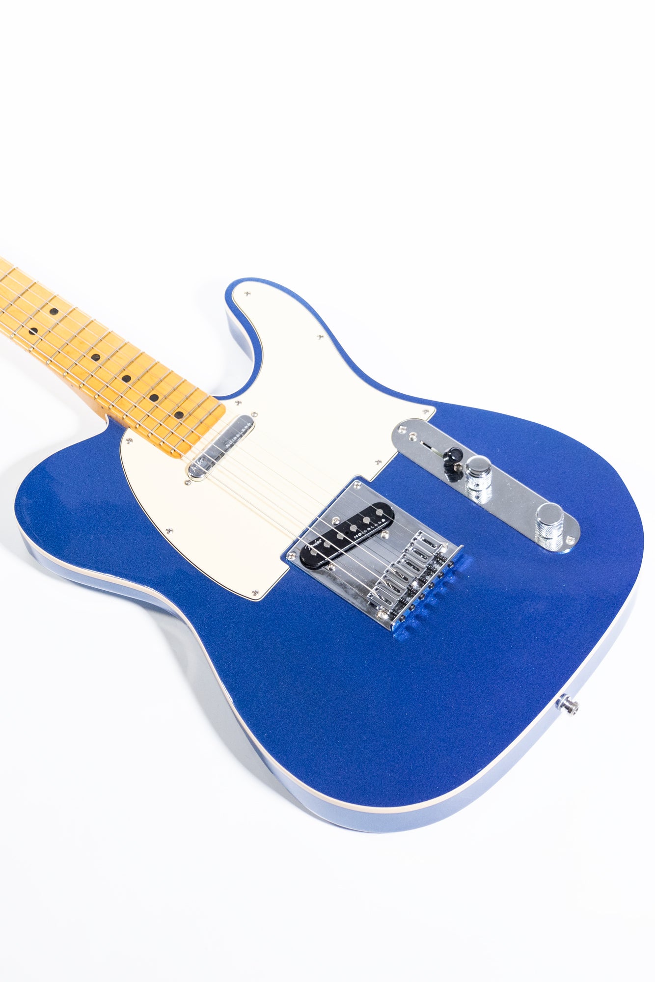 body side of a Fender American Ultra Telecaster in Cobra Blue with white binding, maple neck and fretboard