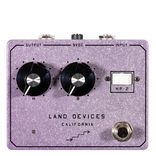 Land Devices HP-2 distortion pedal in Lilac Sparkle finish front view