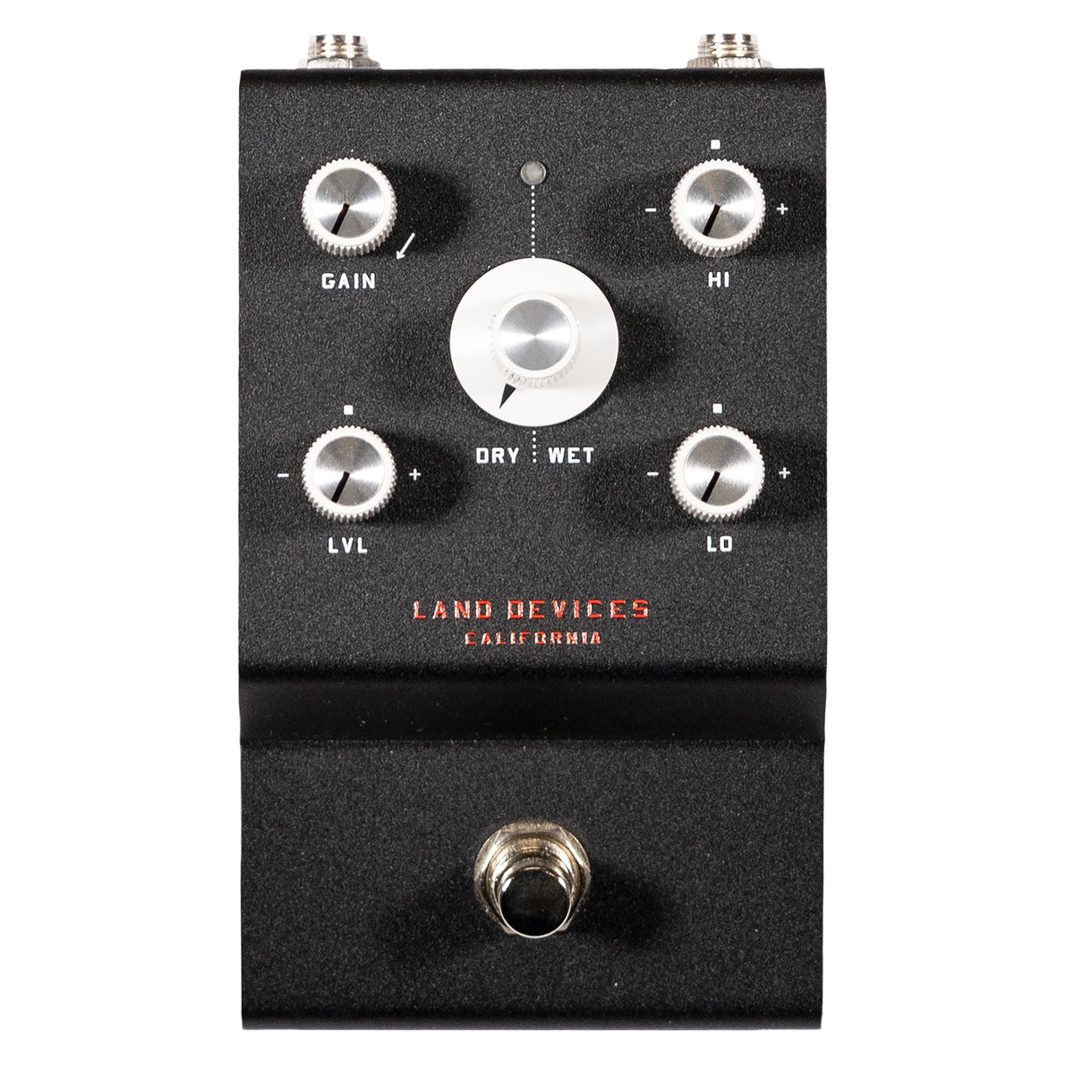 Land Devices Hunter Distortion pedal with control knobs and 'Land Devices California' branding on a white background