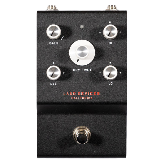 Land Devices Hunter Distortion pedal with control knobs and 'Land Devices California' branding on a white background