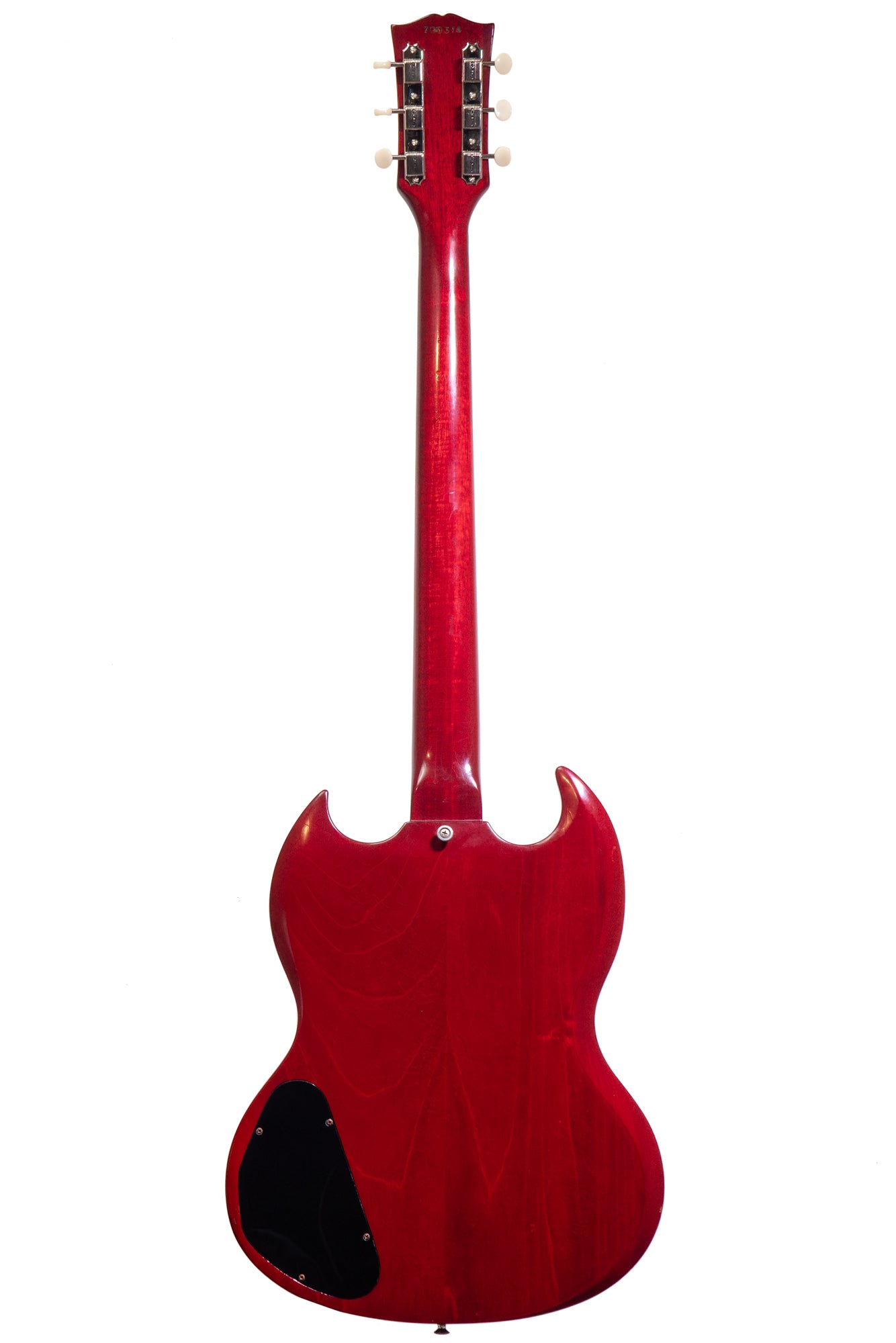 back of a Vintage 1966 Gibson SG Junior electric guitar in red