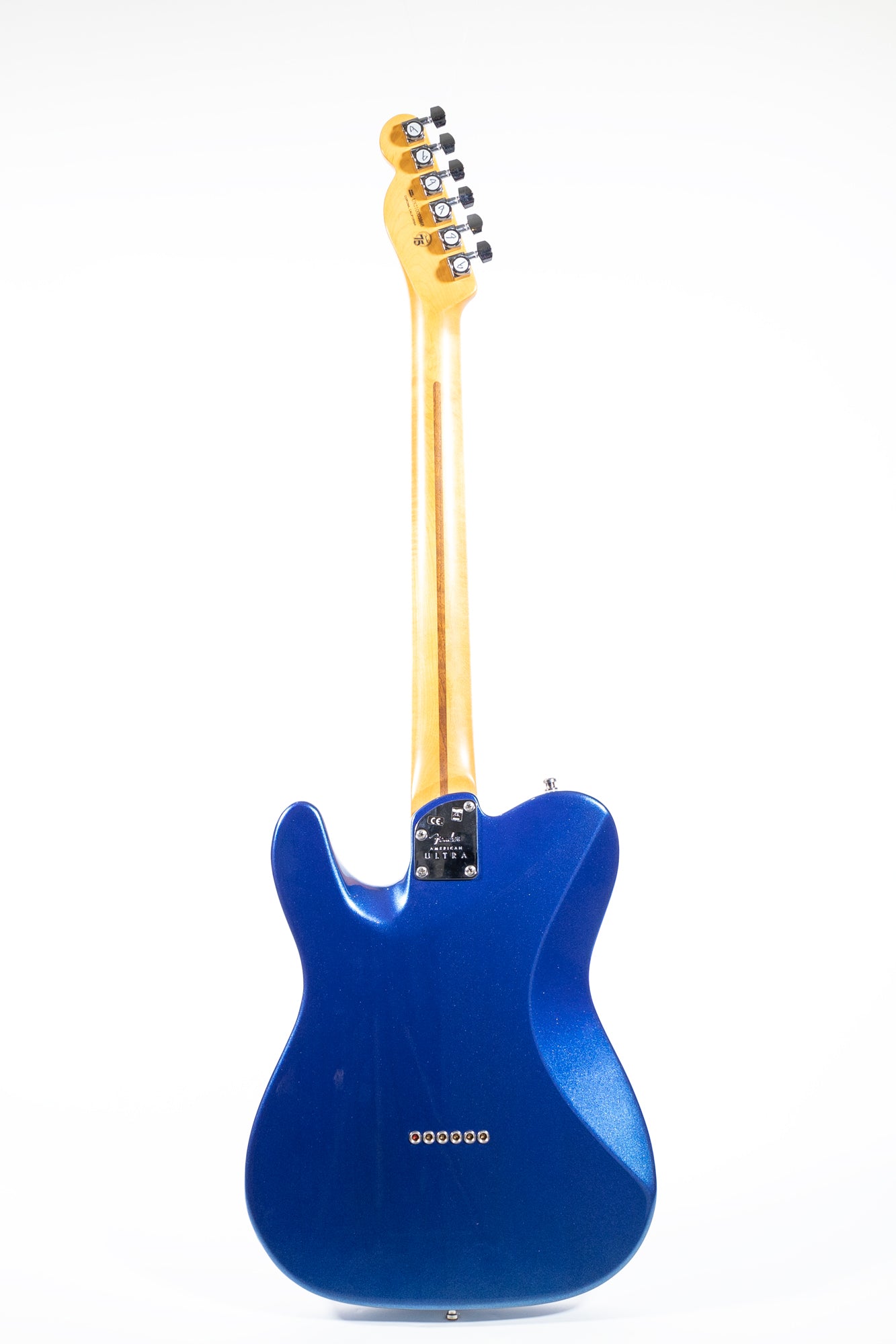 full rear of a Fender American Ultra Telecaster in Cobra Blue with white binding