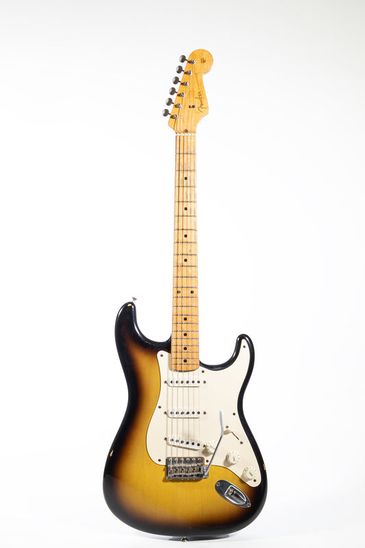 full front of a Fender Custom Shop 1956 Stratocaster with a light relic, finished in two tone sunburst