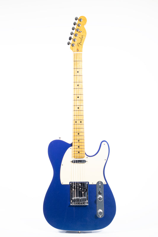 full front of a Fender American Ultra Telecaster in Cobra Blue with white binding