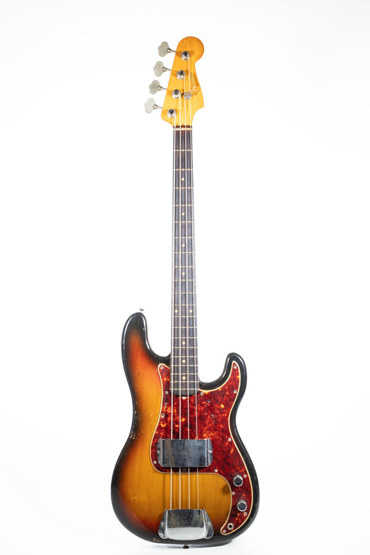 full front of a 1962 Fender Precision Bass, sunburst finish and tortoiseshell pickguard