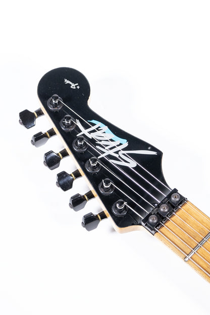 headstock from a Vintage 1989 Fender Heavy Metal Stratocaster in blue