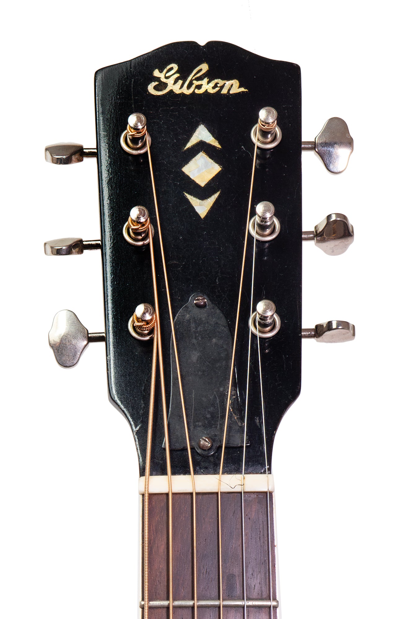 headstock from a vintage 1938 Gibson Advanced Jumbo acoustic guitar