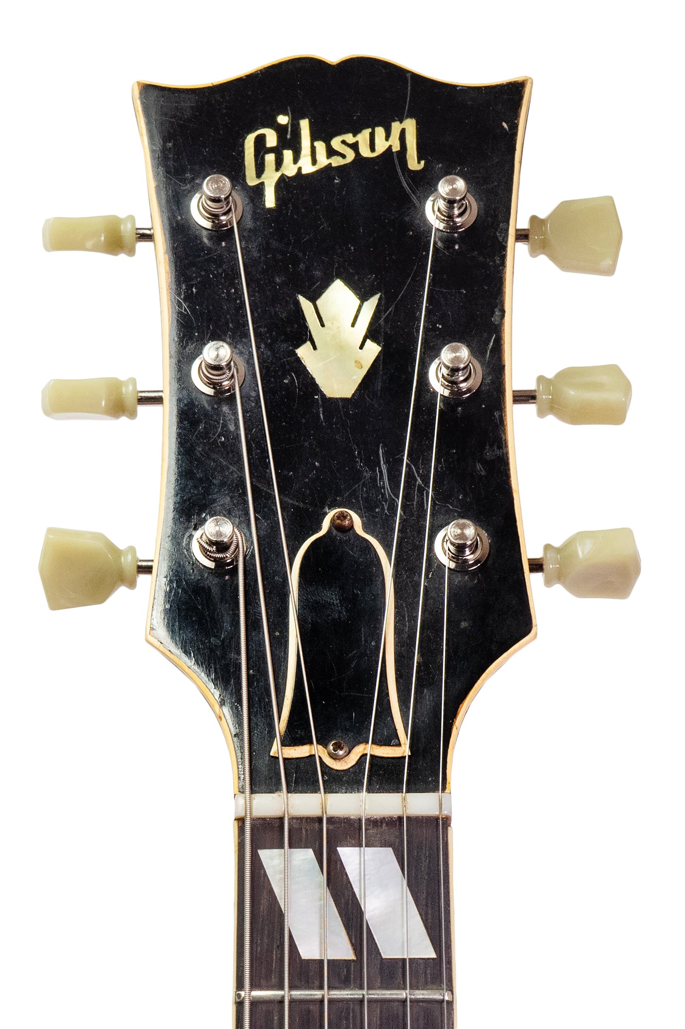 headstock from a vintage 1959 Gibson L-7C archtop guitar