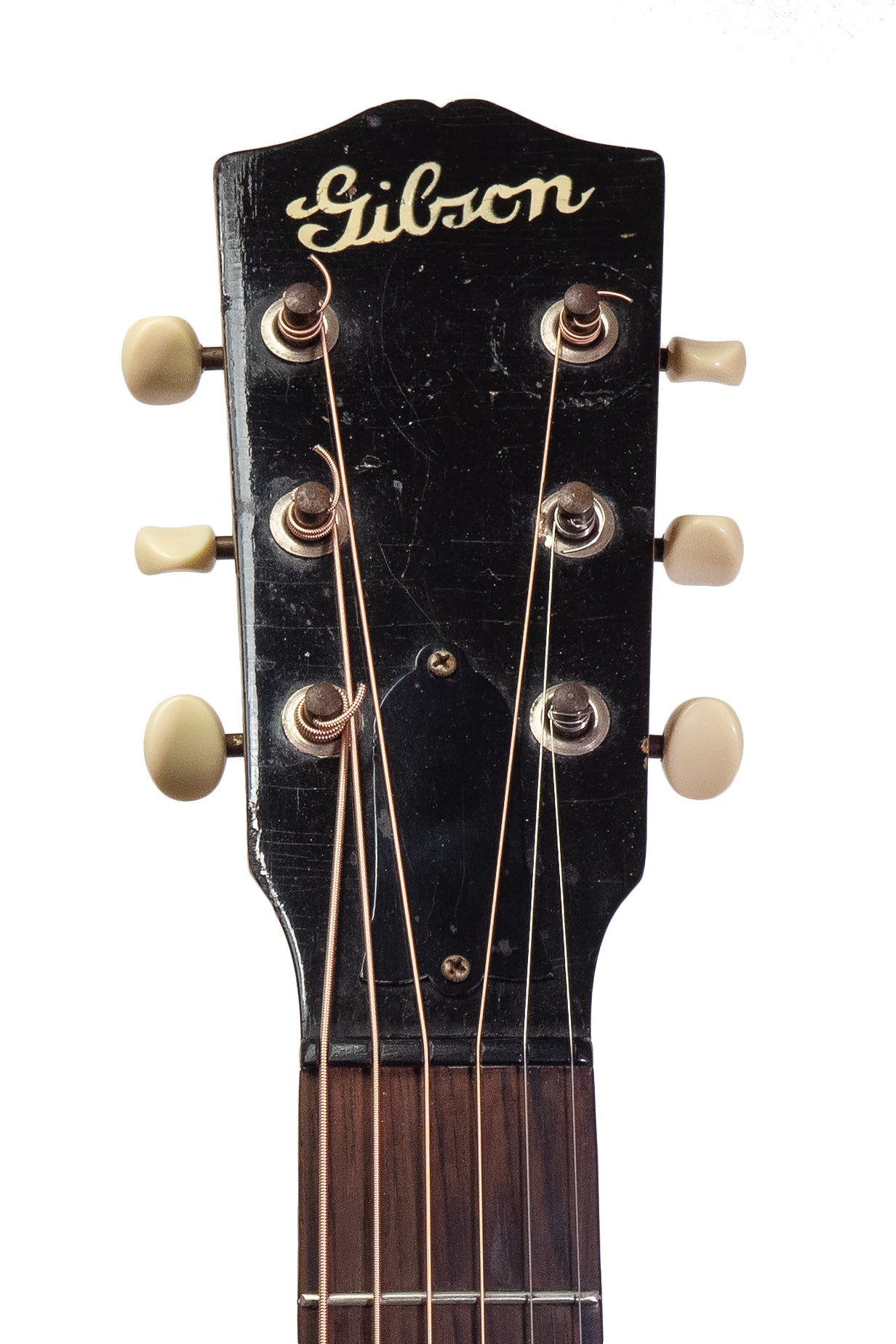 closeup of the vintage 1940 Gibson J-35 acoustic guitar headstock