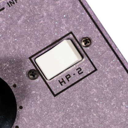 Land Devices HP-2 distortion pedal in Lilac Sparkle finish, switch close up