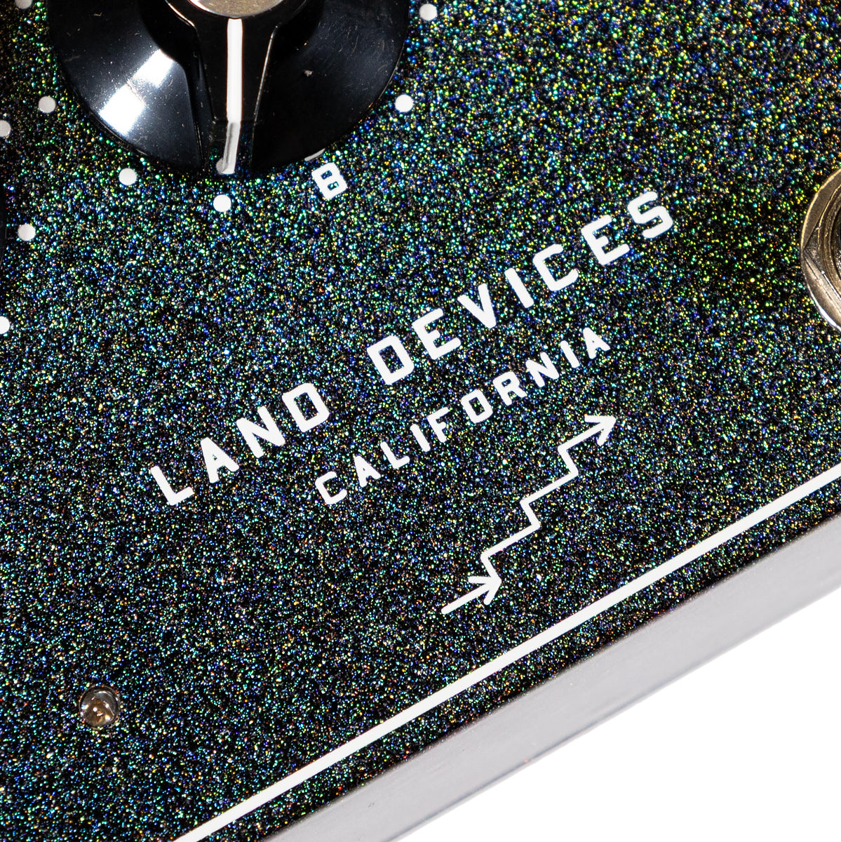 Land Devices HP Distortion in Cosmos multi colour sparkle finish 'Land Devices California' logo close up
