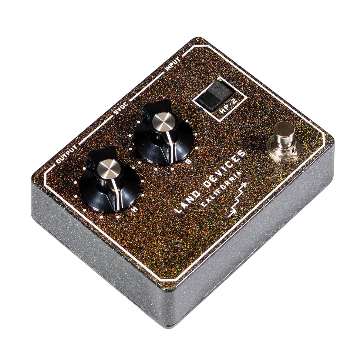Guitar effects pedal with 'Land Devices California' branding on a white background