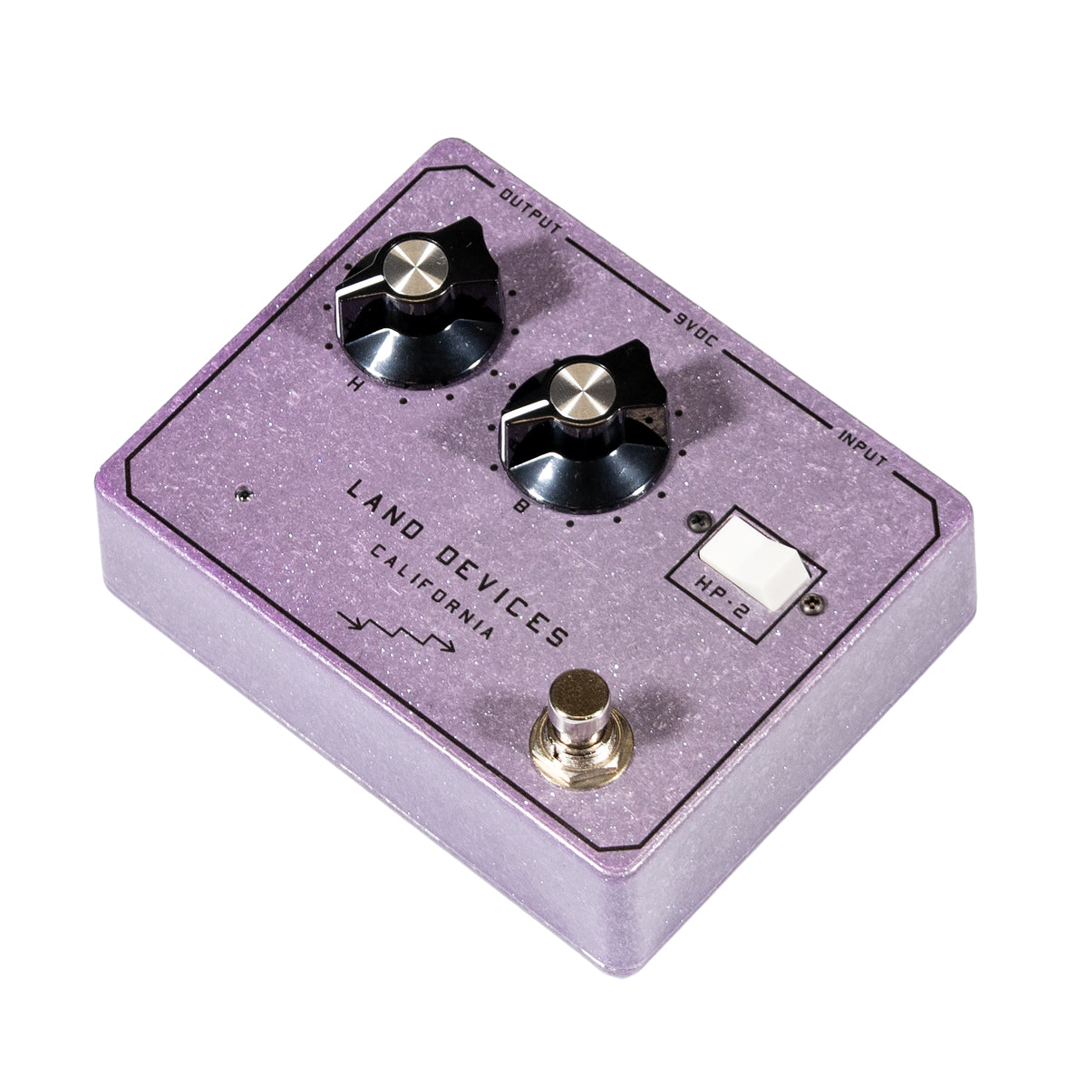 Land Devices HP-2 distortion pedal in Lilac Sparkle finish, left side
