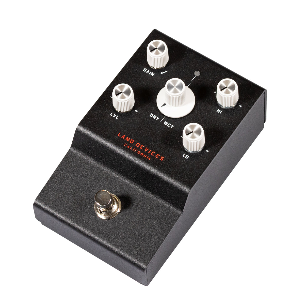 Left side view of Land Devices Hunter effects pedal with five knobs on a white background