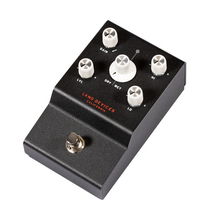 Left side view of Land Devices Hunter effects pedal with five knobs on a white background