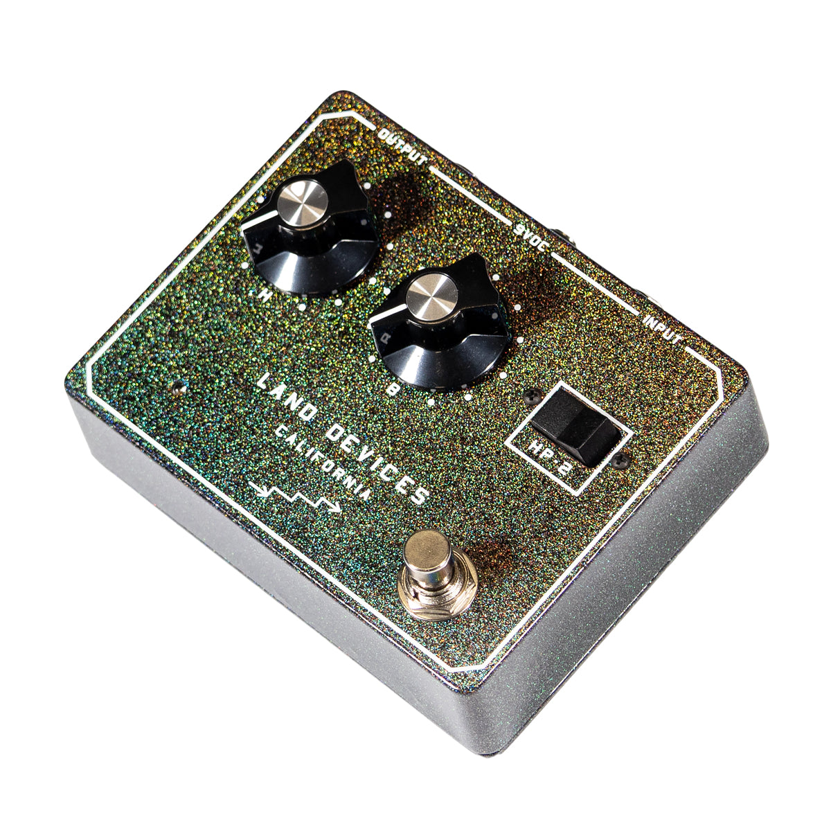 Guitar effects pedal with 'Land Devices California' branding on a white background