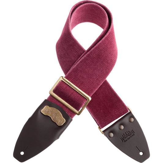 Purple red washed cotton guitar strap with gold buckle