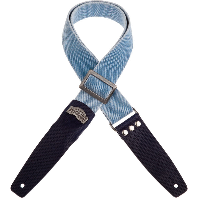 Light blue washed cotton guitar strap with nickel buckle