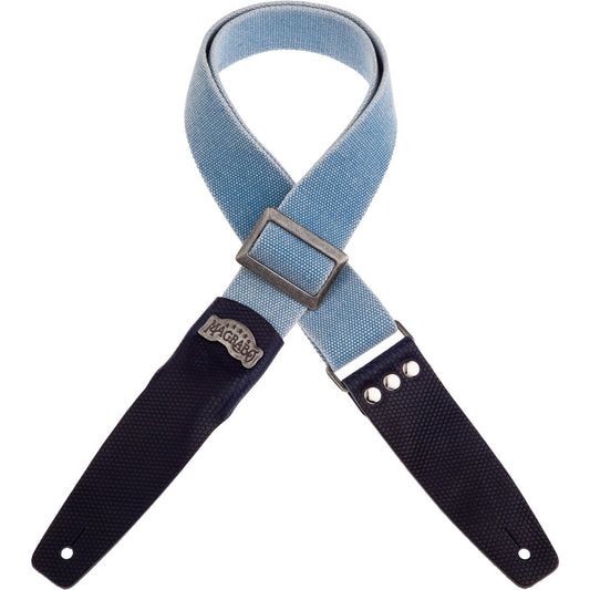 Light blue washed cotton guitar strap with nickel buckle