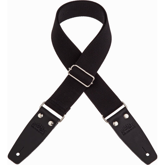 Black cotton guitar strap with silver buckle