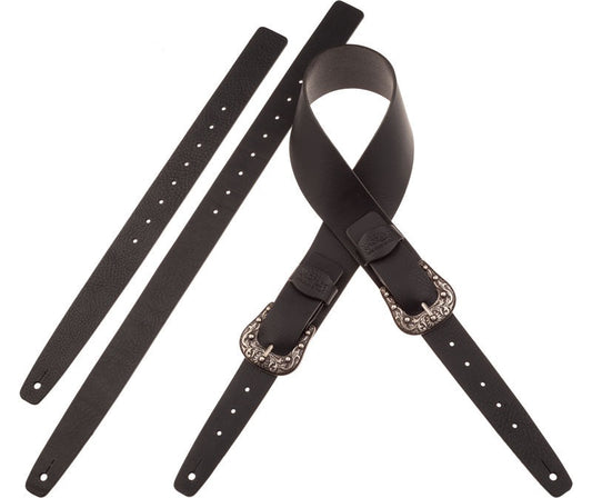 black leather guitar strap with nickel buckle