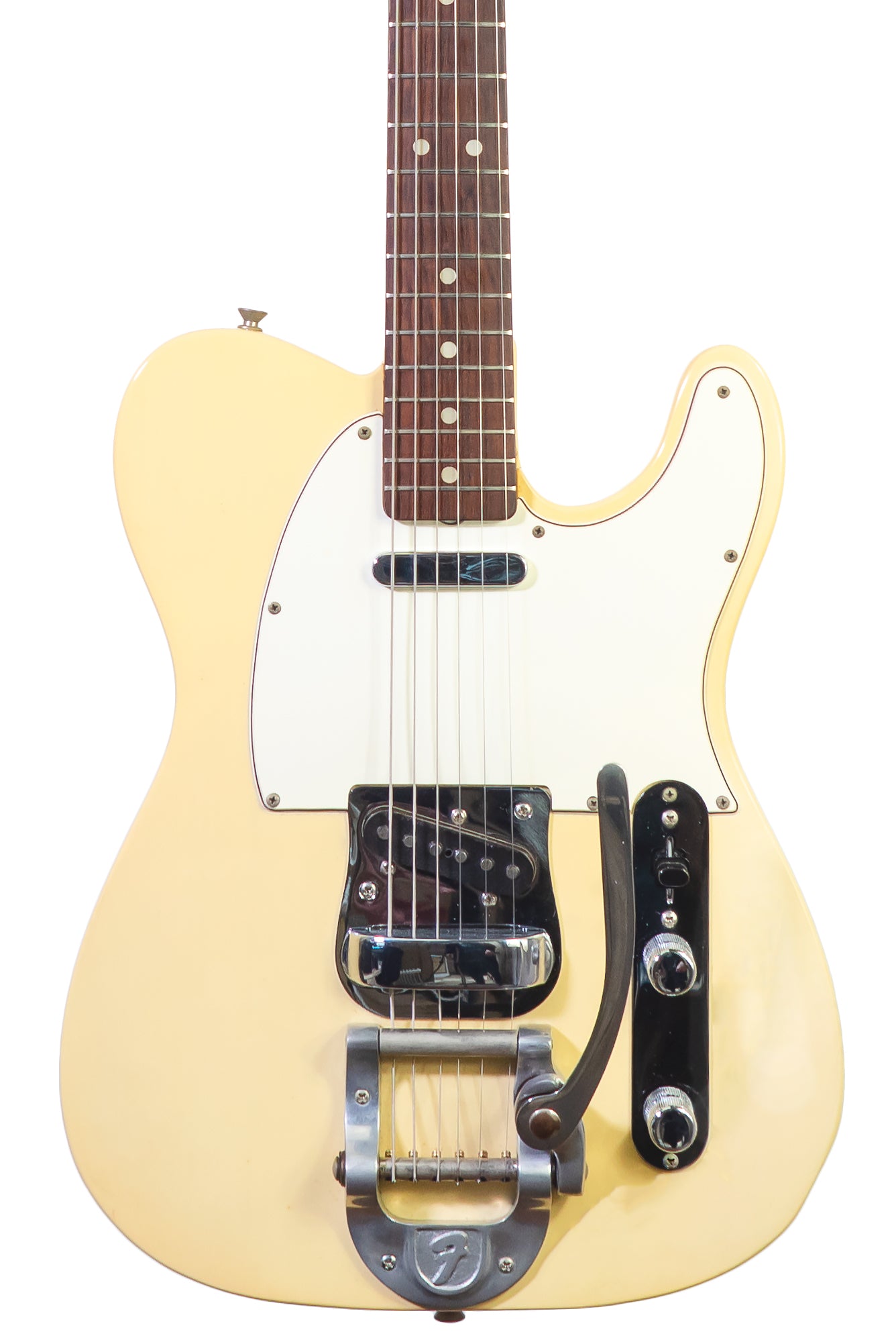 closeup of a Vintage 1968 Fender Telecaster electric guitar in white