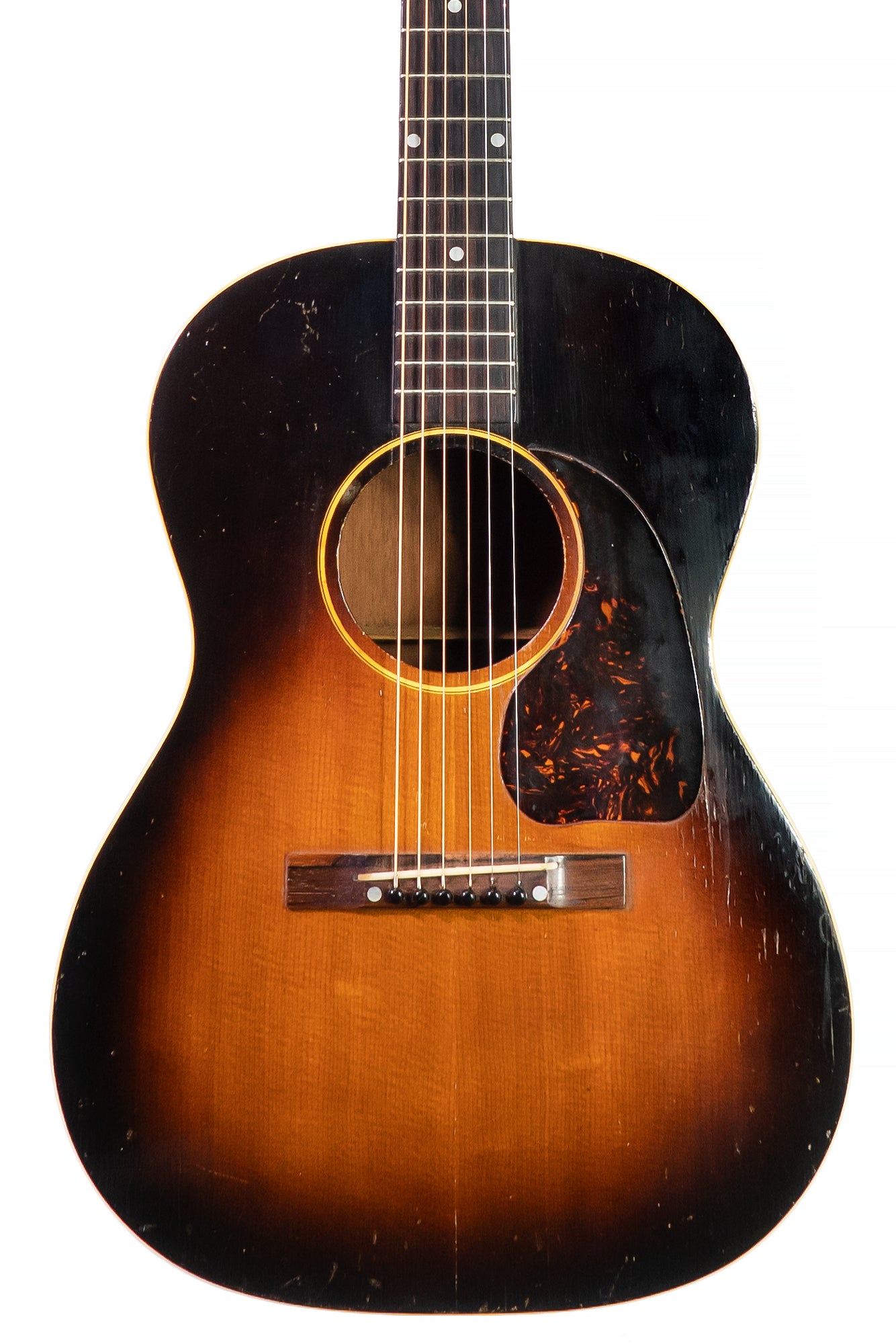 closeup of a vintage 1948 Gibson LG-1 acoustic guitar