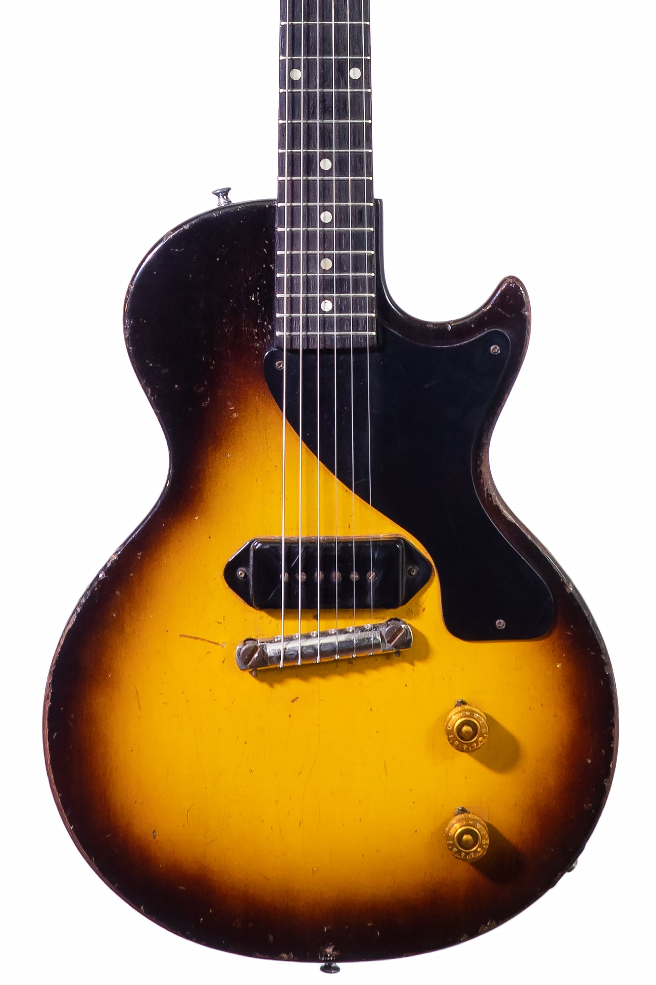 closeup of a vintage 1955 Gibson Les Paul Junior electric guitar