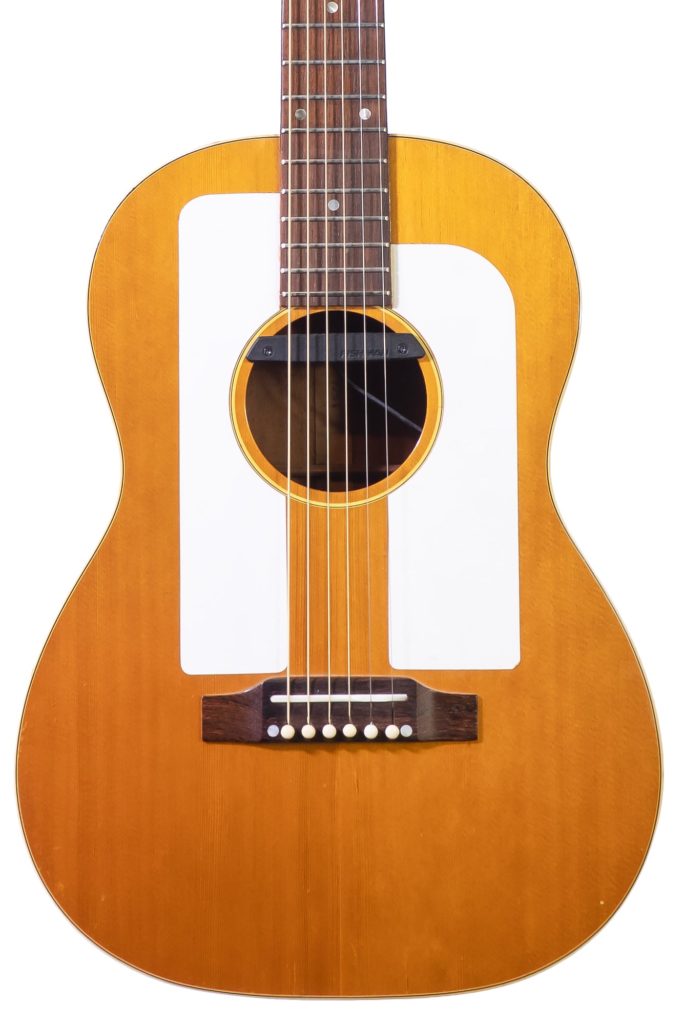 closeup of a Vintage 1968 Gibson F-25 Folksinger acoustic guitar