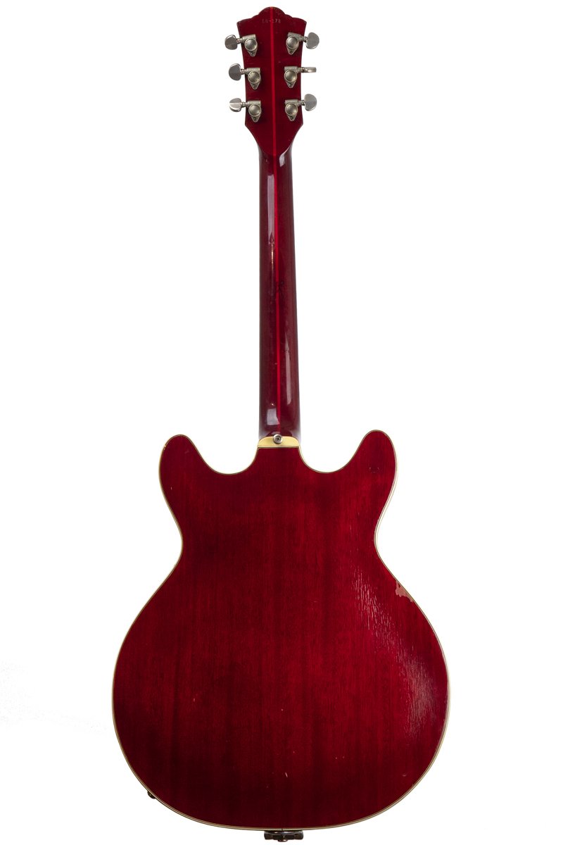 back of a Vintage 1965 Guild Starfire V electric guitar in red