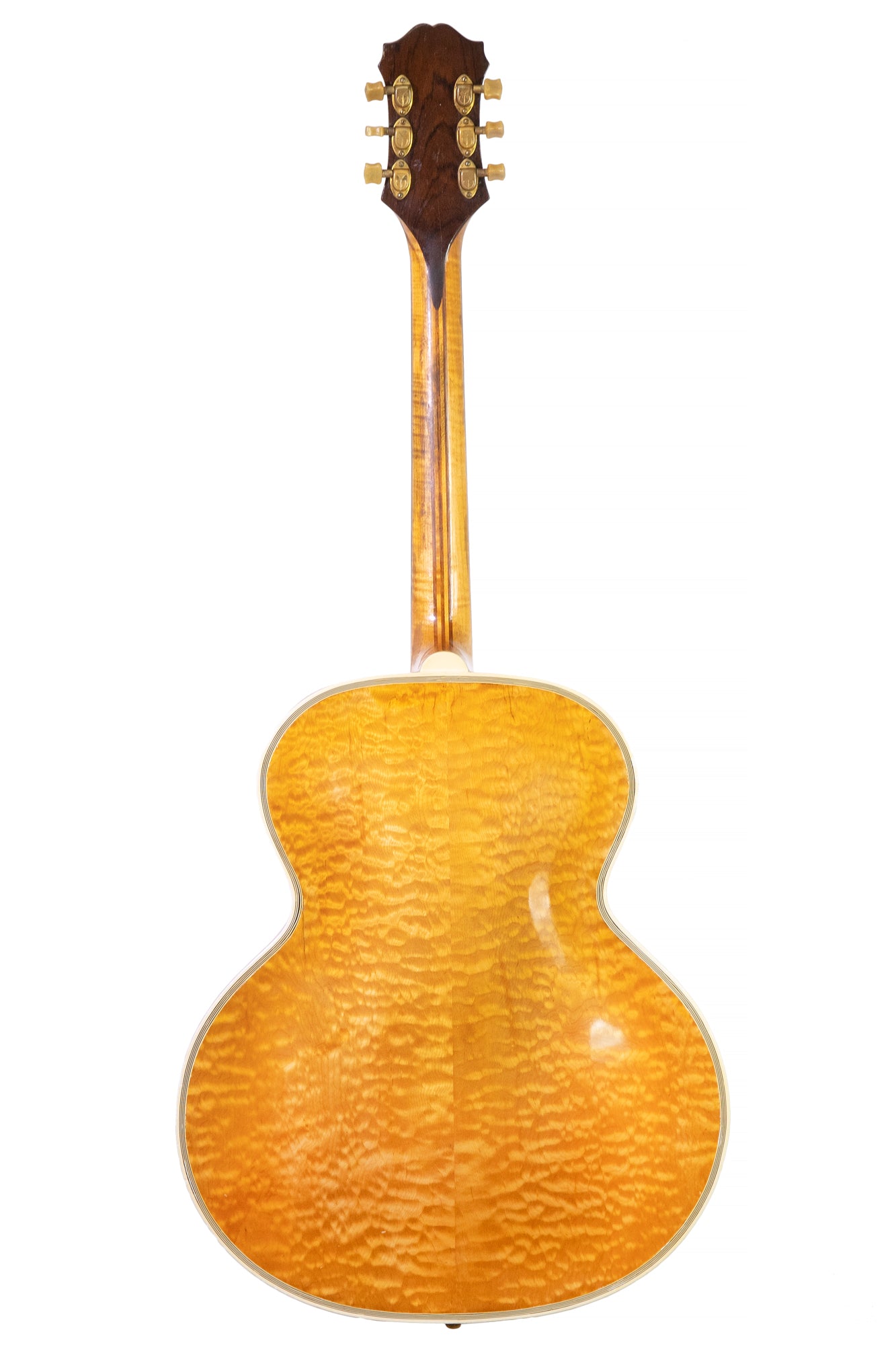 back of a quilted maple vintage 1939 Epiphone Emperor archtop guitar