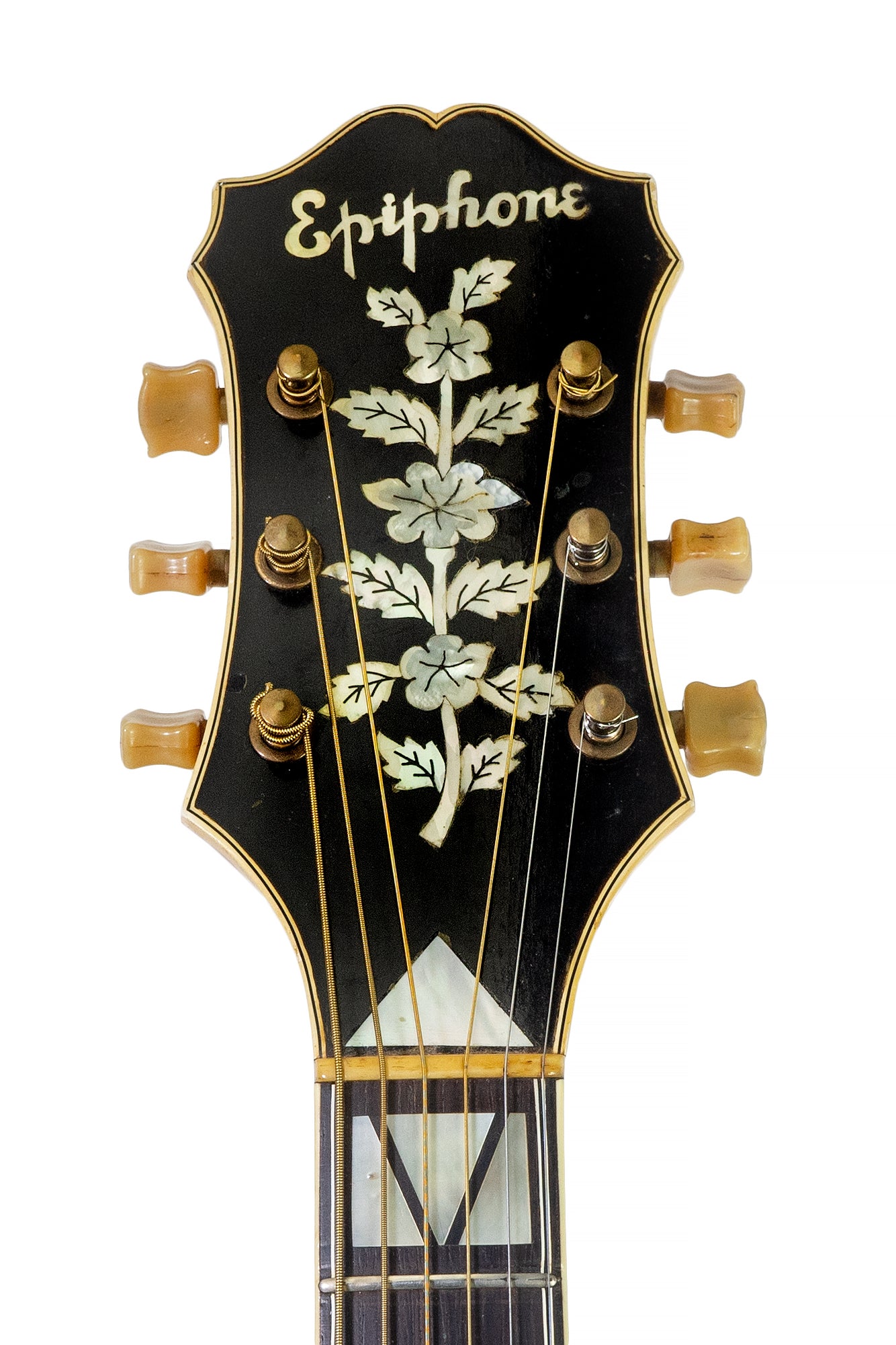 front headstock from a vintage 1939 Epiphone Emperor archtop guitar