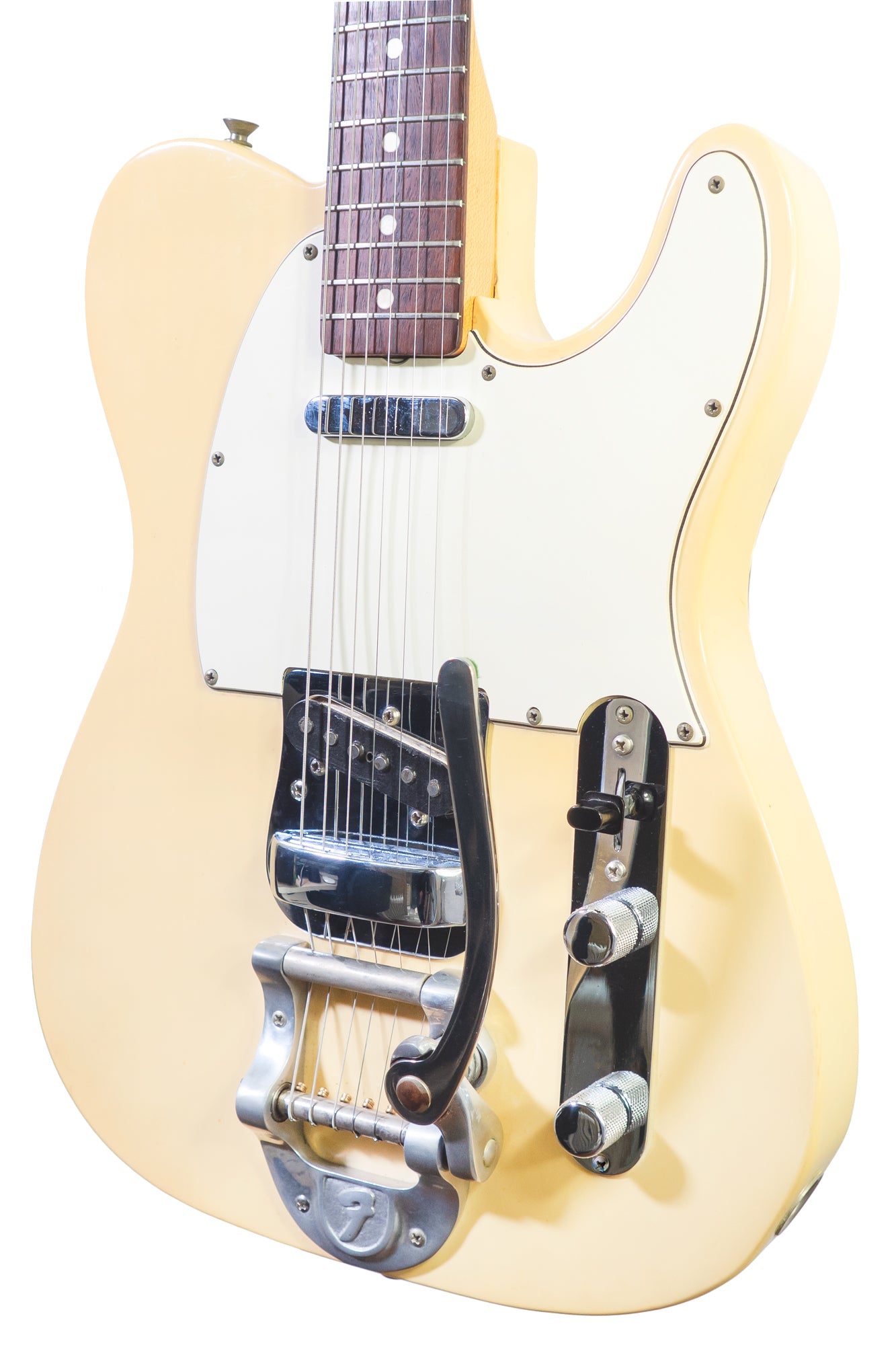 side profile of a Vintage 1968 Fender Telecaster electric guitar in white